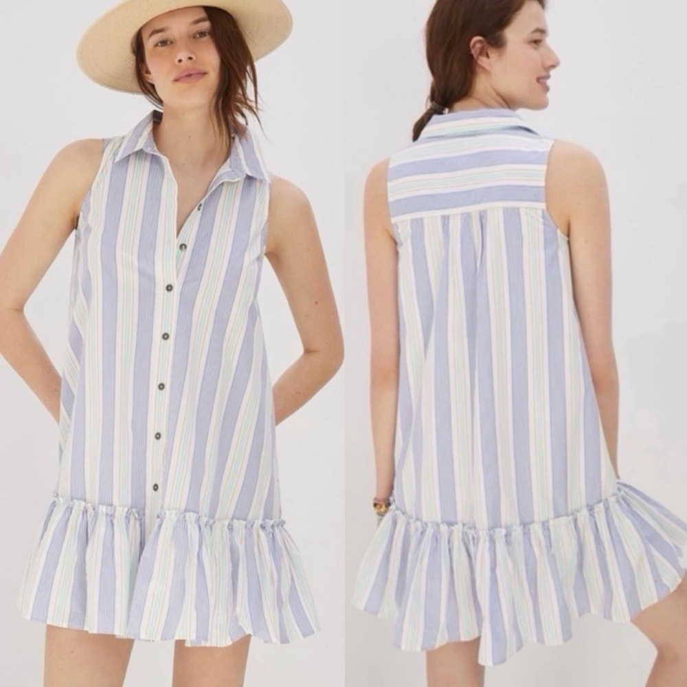 Anthropologie‎ Maeve Flounced Dress Sleeveless Shirtdress Striped